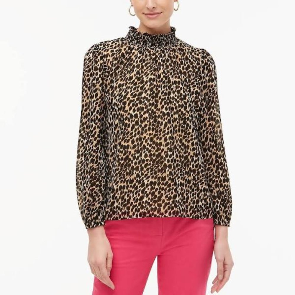 J.Crew Womens Leopard Long-Sleeve Mockneck Blouse
